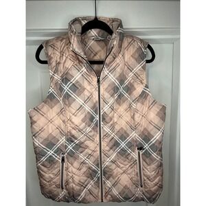 Christopher & Banks Womens Large Pink Plaid Quilted Puffer Vest Full Zip Layer